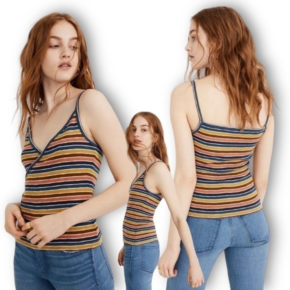 Madewell Golden Meadow Stripe Multicolor Cami Top Ribbed Knit Faux Wrap Stretchy
